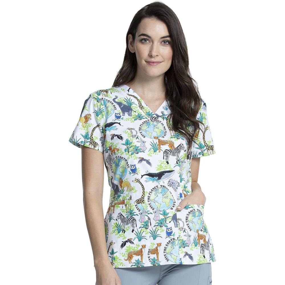 imageCherokee Prints Women Scrubs Top VNeck Print CK616Earth Day
