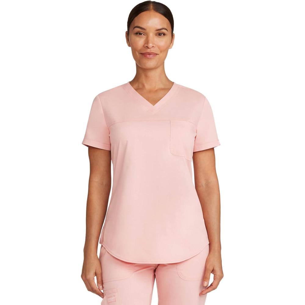 imageCherokee Scrubs for Women Tuckable VNeck OR Scrub Top with Chest PocketSoft StretchEasy Care Medical Uniform WW657Pink Essence