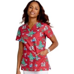 Cherokee Prints Women Scrubs Top V-Neck Print CK616(Meowy Christmouse)