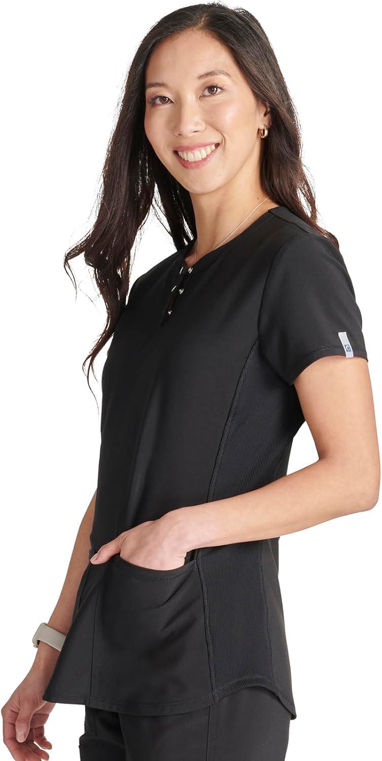 imageCherokee Womens Scrub Top Snap Front Henley with 2 Pockets and Center Back Length of 26 CK749ABlack