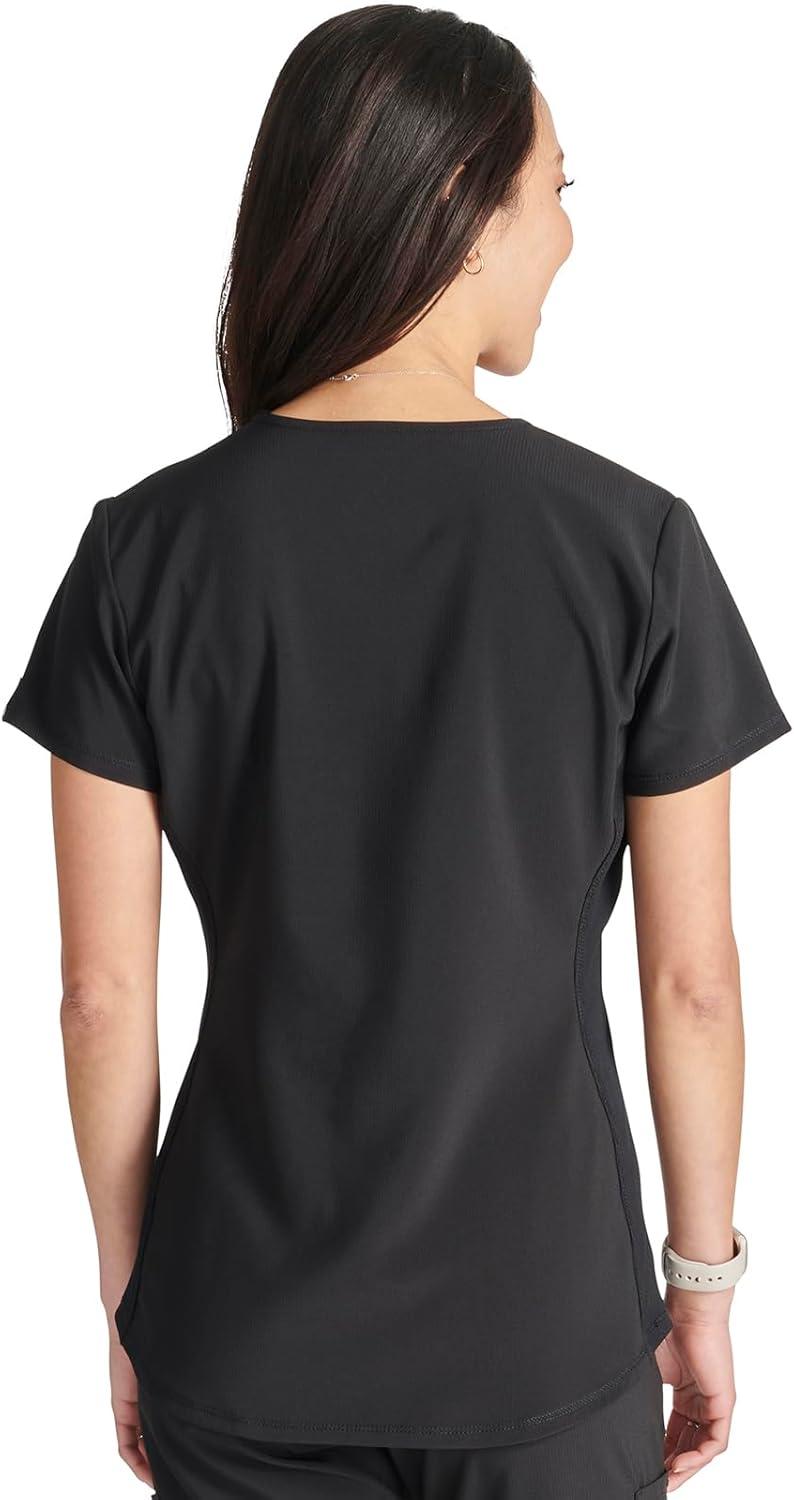 imageCherokee Womens Scrub Top Snap Front Henley with 2 Pockets and Center Back Length of 26 CK749ABlack