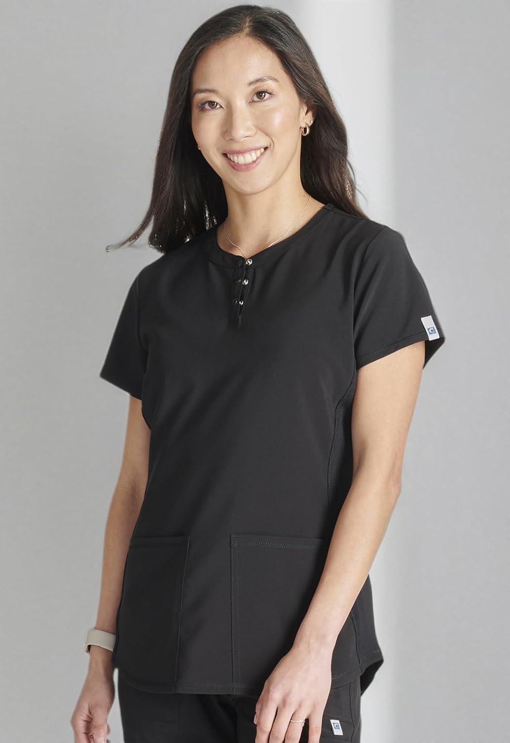 imageCherokee Womens Scrub Top Snap Front Henley with 2 Pockets and Center Back Length of 26 CK749ABlack