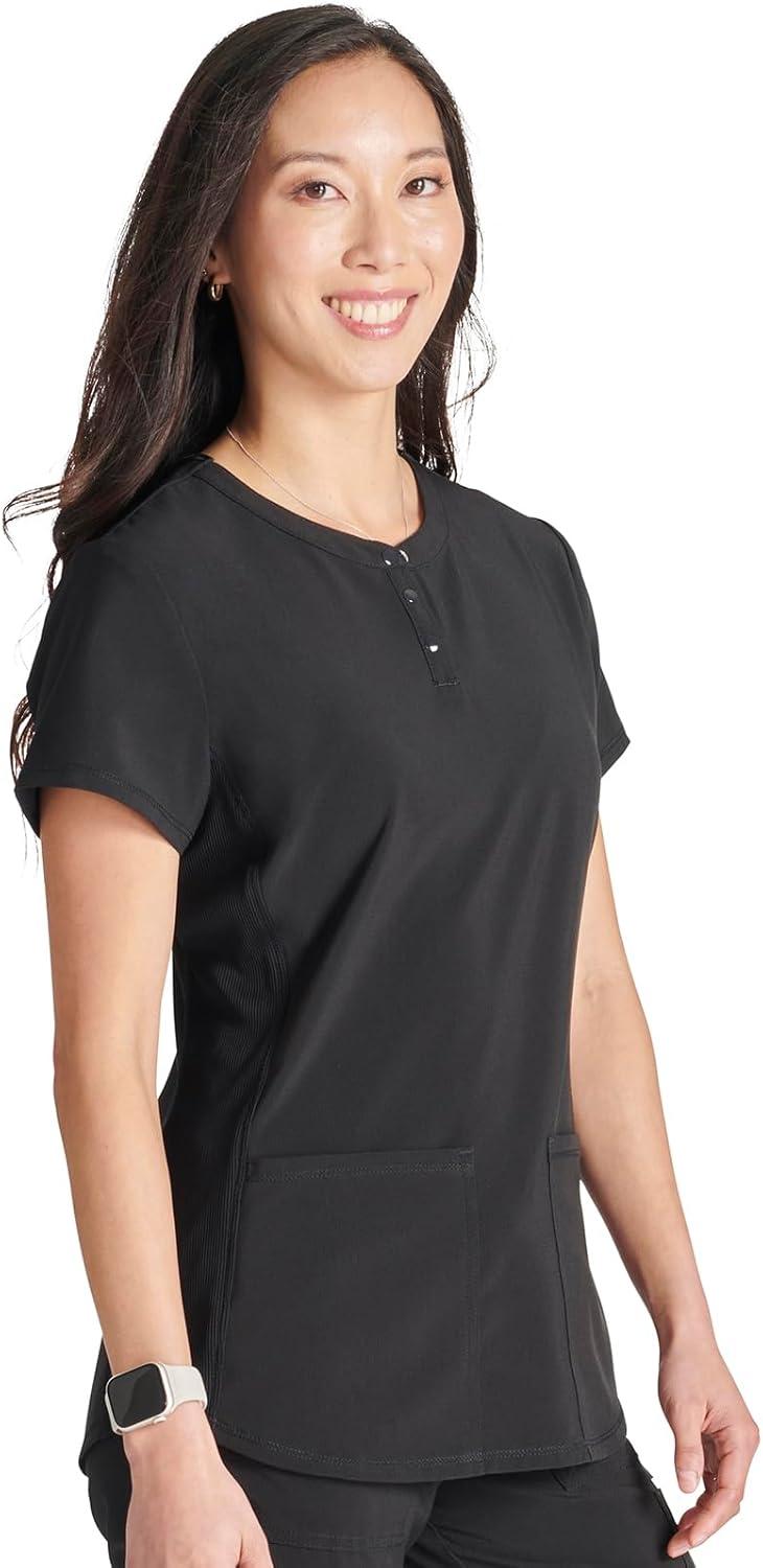 imageCherokee Womens Scrub Top Snap Front Henley with 2 Pockets and Center Back Length of 26 CK749ABlack