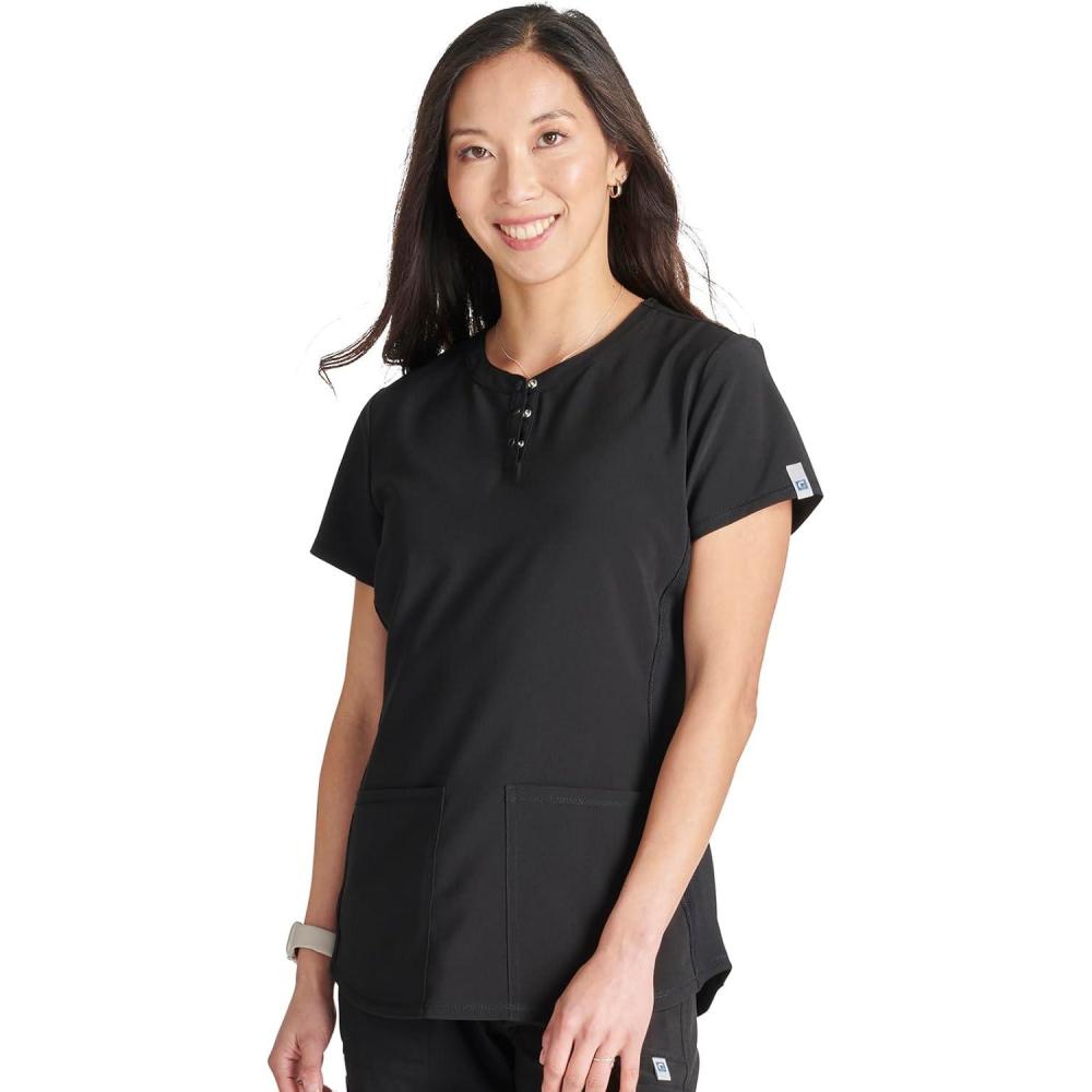 imageCherokee Womens Scrub Top Snap Front Henley with 2 Pockets and Center Back Length of 26 CK749ABlack