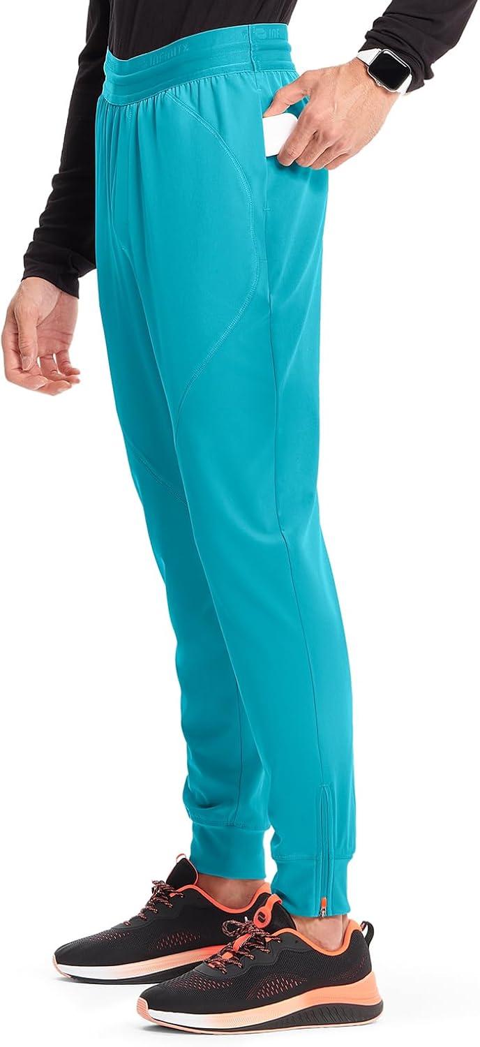 imageCherokee Infinity Mens Mid Rise Jogger Scrub Pants Drawstring Waist 4 Pockets Zip Cargo Pocket RibKnit Cuffs IN204AAquaturque