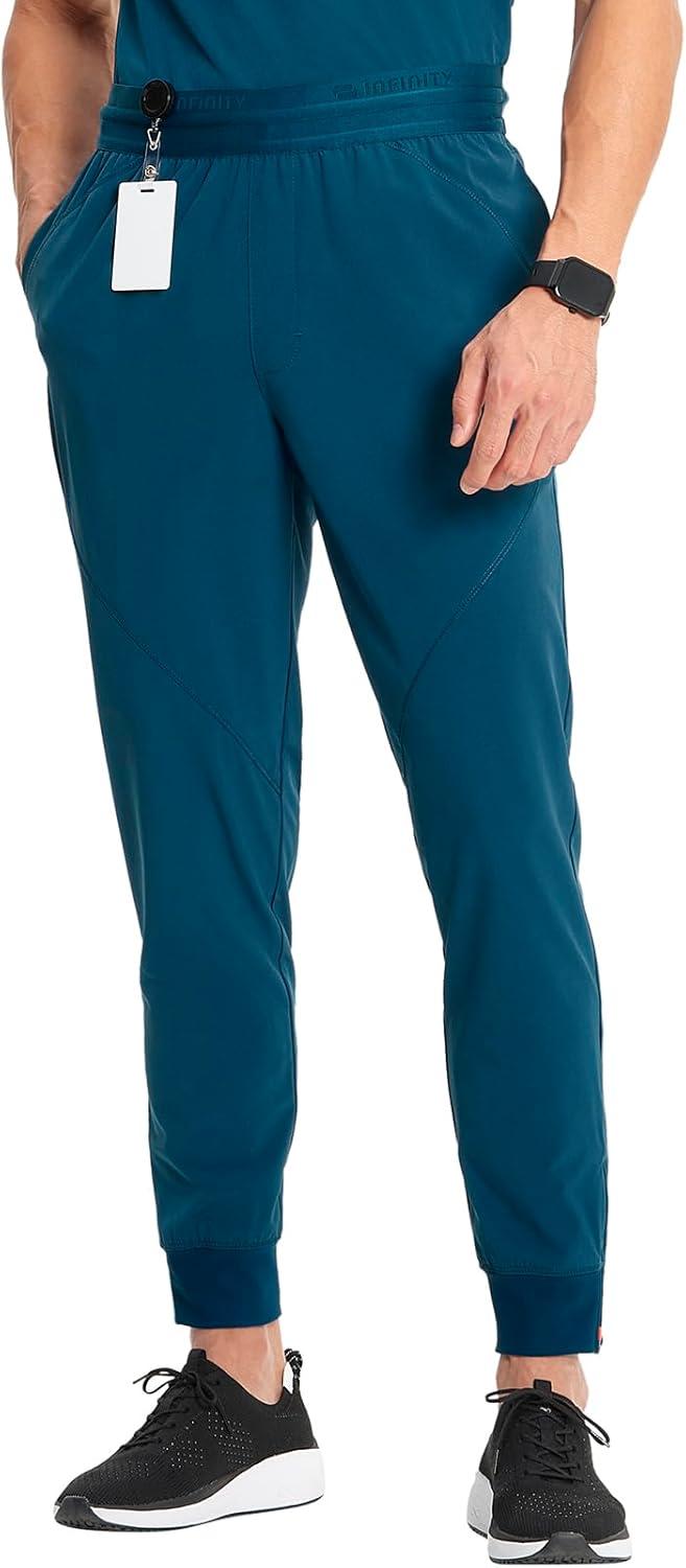 imageCherokee Infinity Mens Mid Rise Jogger Scrub Pants Drawstring Waist 4 Pockets Zip Cargo Pocket RibKnit Cuffs IN204ACaribbean Blue