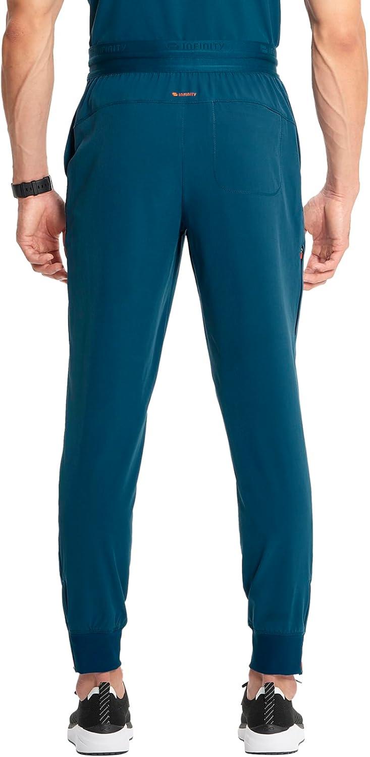 imageCherokee Infinity Mens Mid Rise Jogger Scrub Pants Drawstring Waist 4 Pockets Zip Cargo Pocket RibKnit Cuffs IN204ACaribbean Blue
