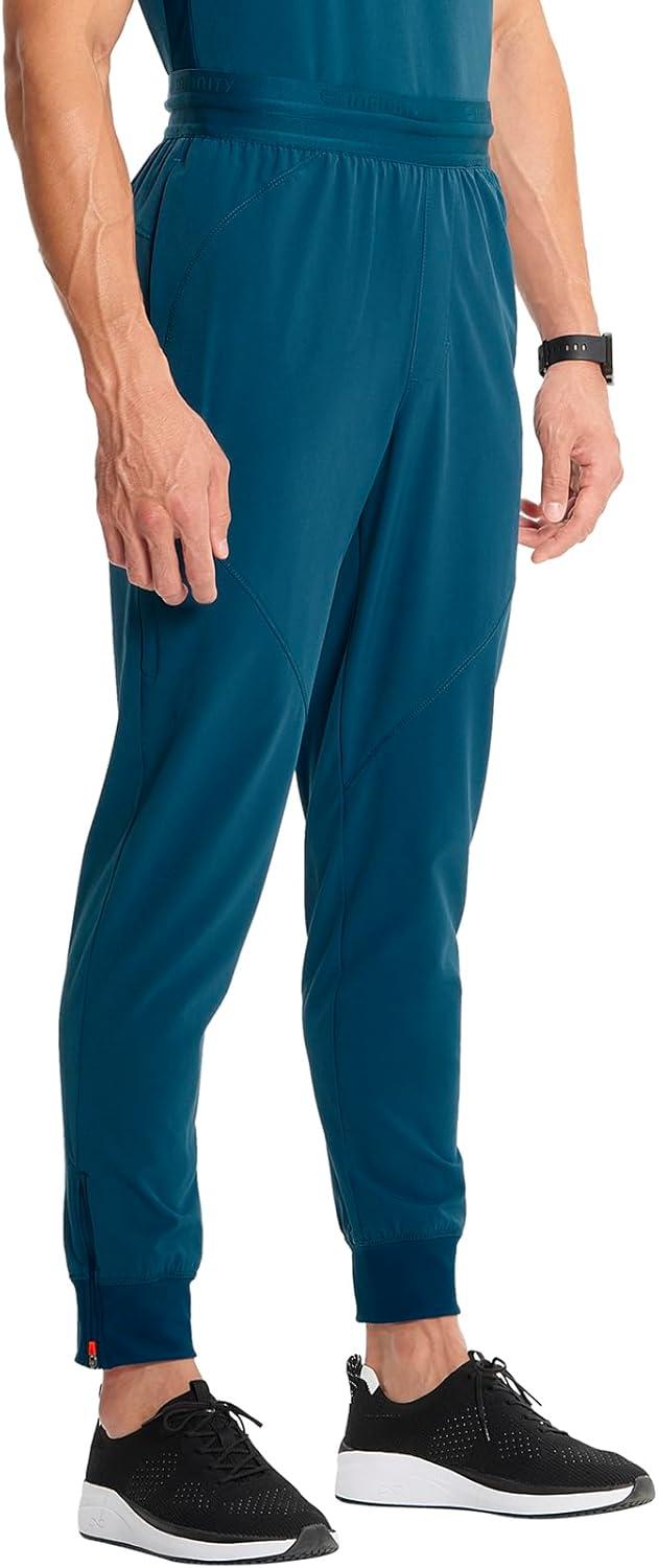 imageCherokee Infinity Mens Mid Rise Jogger Scrub Pants Drawstring Waist 4 Pockets Zip Cargo Pocket RibKnit Cuffs IN204ACaribbean Blue