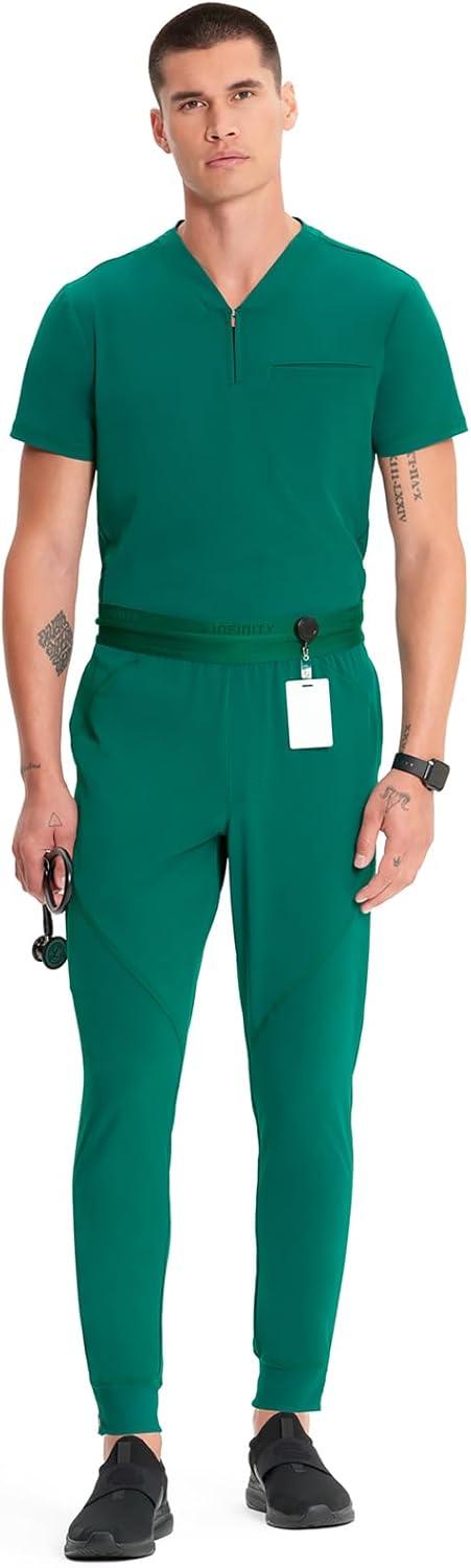imageCherokee Infinity Mens Mid Rise Jogger Scrub Pants Drawstring Waist 4 Pockets Zip Cargo Pocket RibKnit Cuffs IN204AHunter