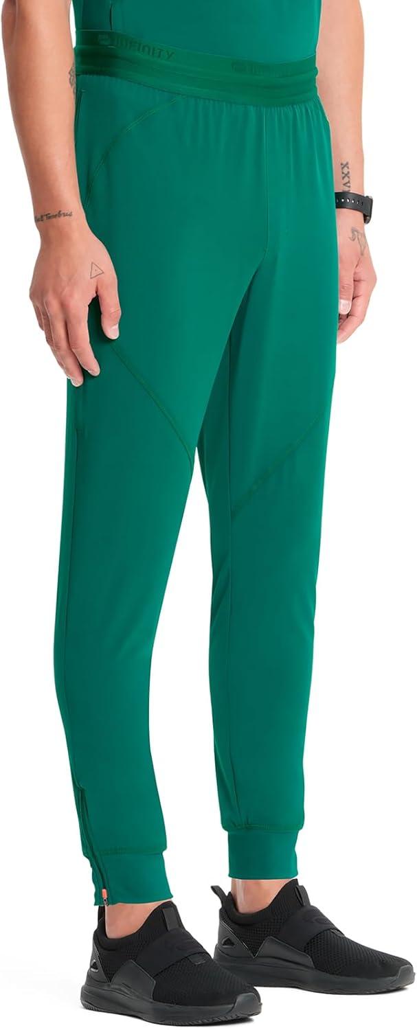 imageCherokee Infinity Mens Mid Rise Jogger Scrub Pants Drawstring Waist 4 Pockets Zip Cargo Pocket RibKnit Cuffs IN204AHunter