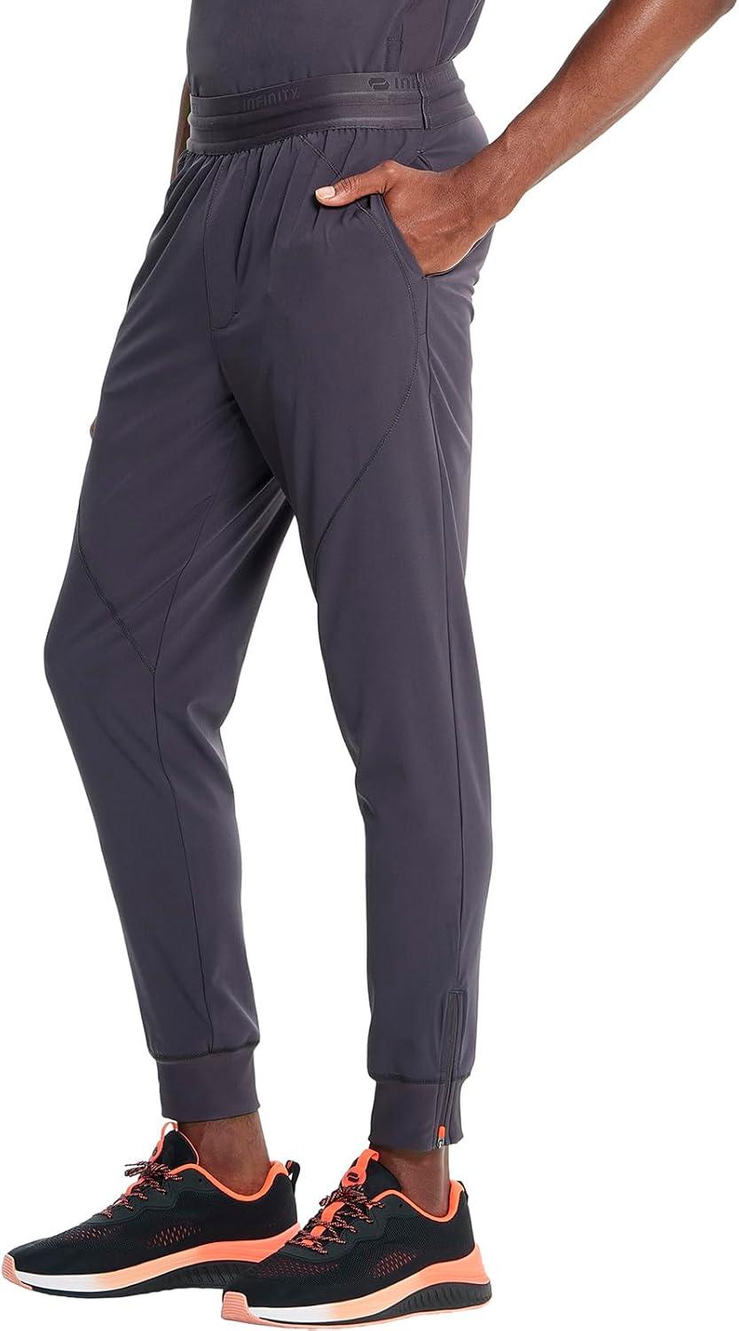 imageCherokee Infinity Mens Mid Rise Jogger Scrub Pants Drawstring Waist 4 Pockets Zip Cargo Pocket RibKnit Cuffs IN204APewter
