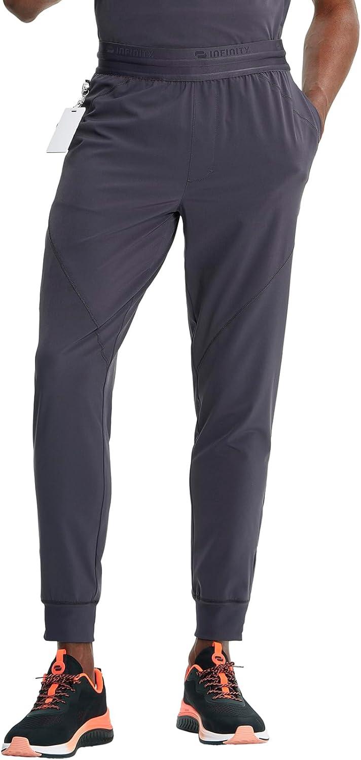 imageCherokee Infinity Mens Mid Rise Jogger Scrub Pants Drawstring Waist 4 Pockets Zip Cargo Pocket RibKnit Cuffs IN204APewter