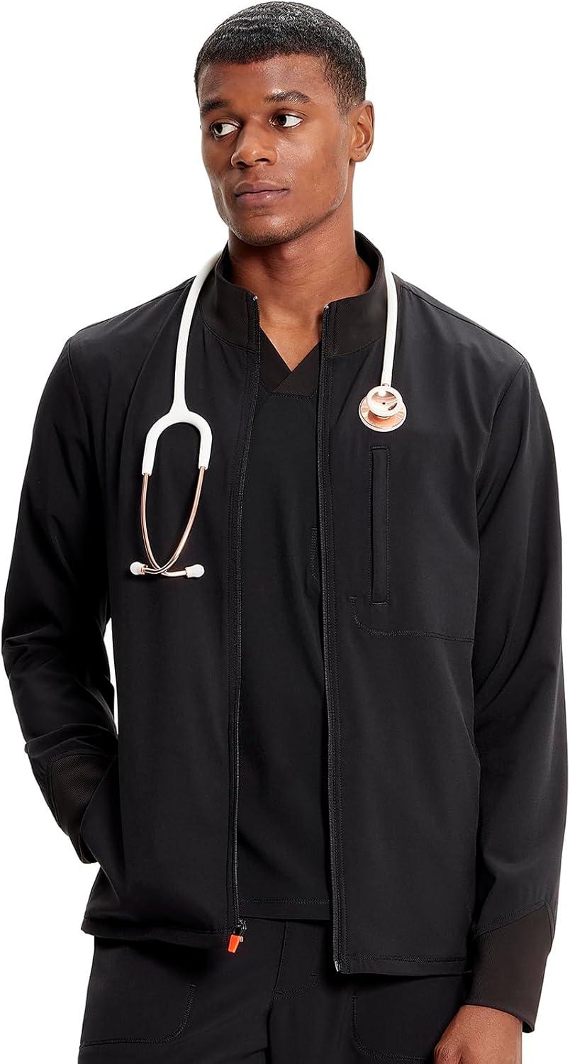 imageCherokee Infinity Mens Zip Front Scrub Jacket RibKnit Collar 3 Pockets Zipper Chest Pocket IN350ABlack