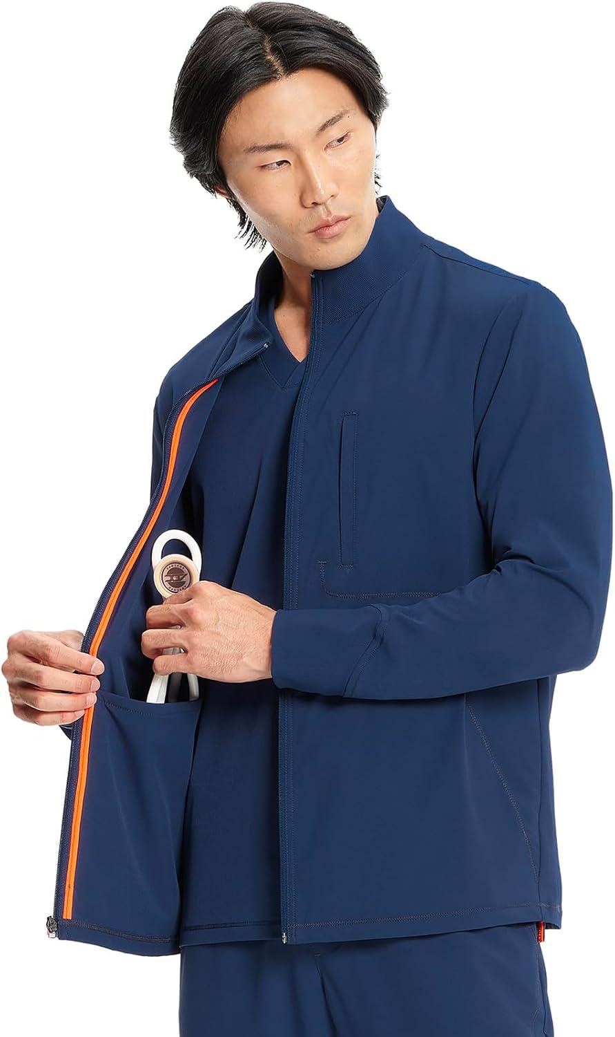 imageCherokee Infinity Mens Zip Front Scrub Jacket RibKnit Collar 3 Pockets Zipper Chest Pocket IN350ANavy