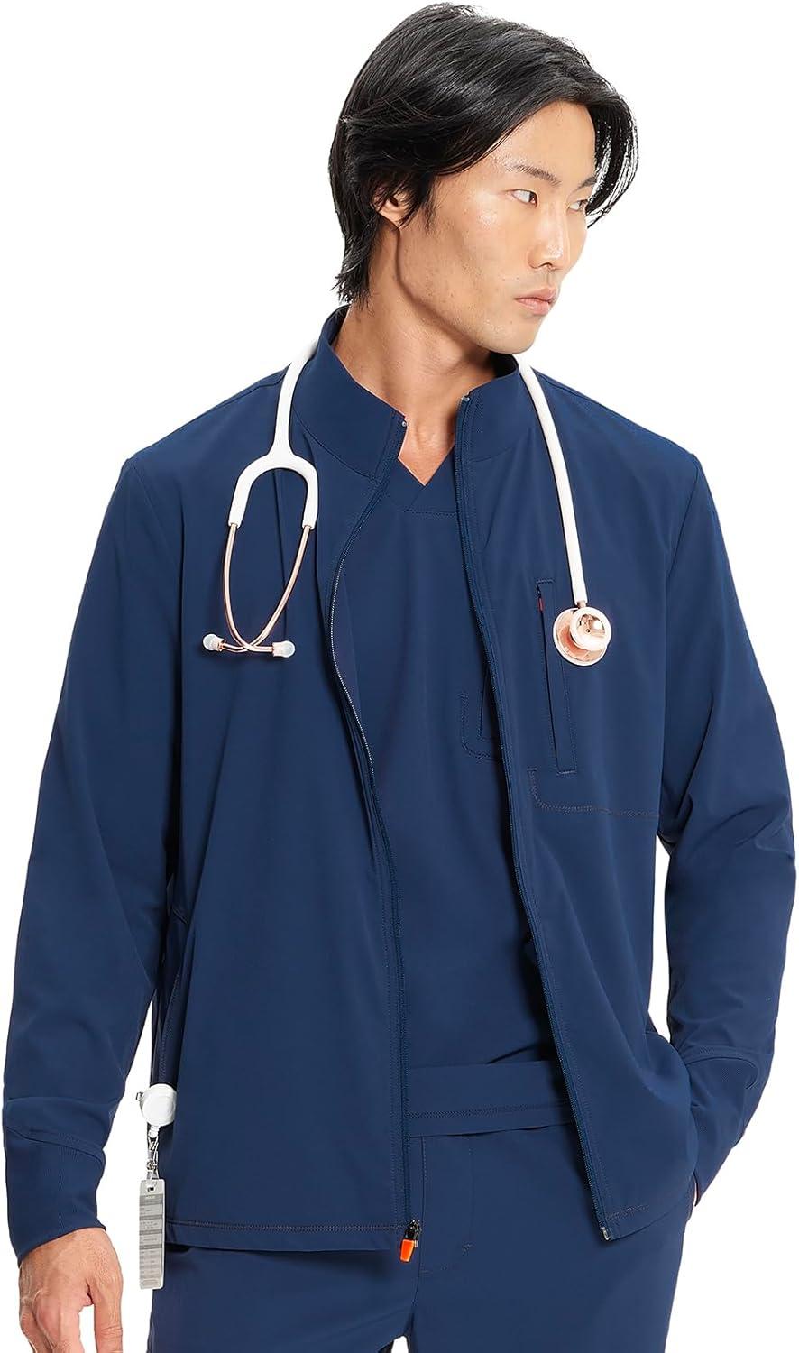 imageCherokee Infinity Mens Zip Front Scrub Jacket RibKnit Collar 3 Pockets Zipper Chest Pocket IN350ANavy