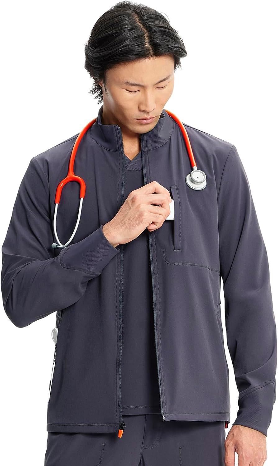 imageCherokee Infinity Mens Zip Front Scrub Jacket RibKnit Collar 3 Pockets Zipper Chest Pocket IN350APewter