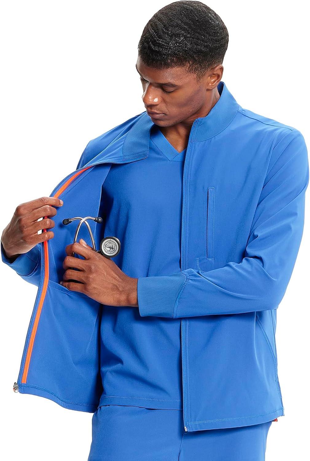 imageCherokee Infinity Mens Zip Front Scrub Jacket RibKnit Collar 3 Pockets Zipper Chest Pocket IN350ARoyal