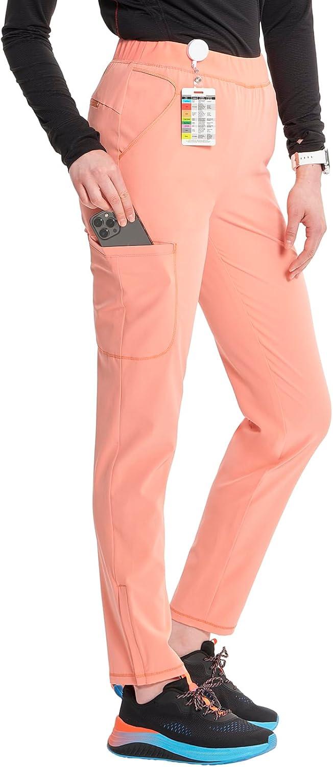 imageCherokee Infinity Womens PullOn Cargo Scrub Pants Mid Rise 5 Zip Pockets Drawstring Waist with Tapered Leg IN120AElectric Coral