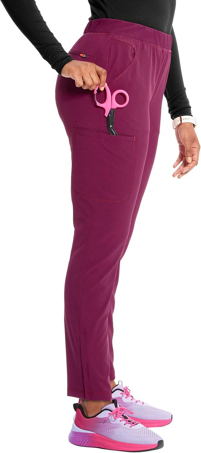 imageCherokee Infinity Womens PullOn Cargo Scrub Pants Mid Rise 5 Zip Pockets Drawstring Waist with Tapered Leg IN120AWine