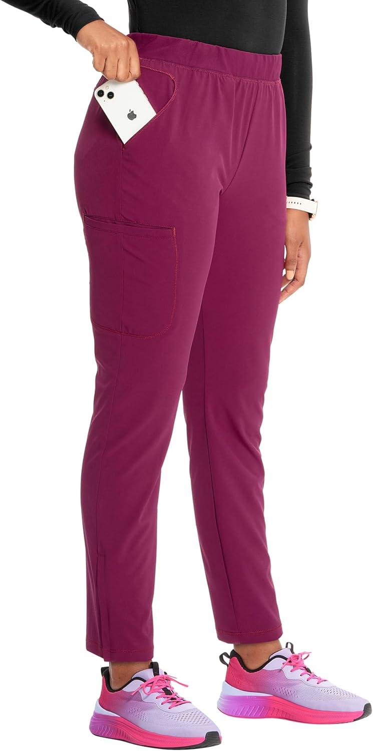 imageCherokee Infinity Womens PullOn Cargo Scrub Pants Mid Rise 5 Zip Pockets Drawstring Waist with Tapered Leg IN120AWine
