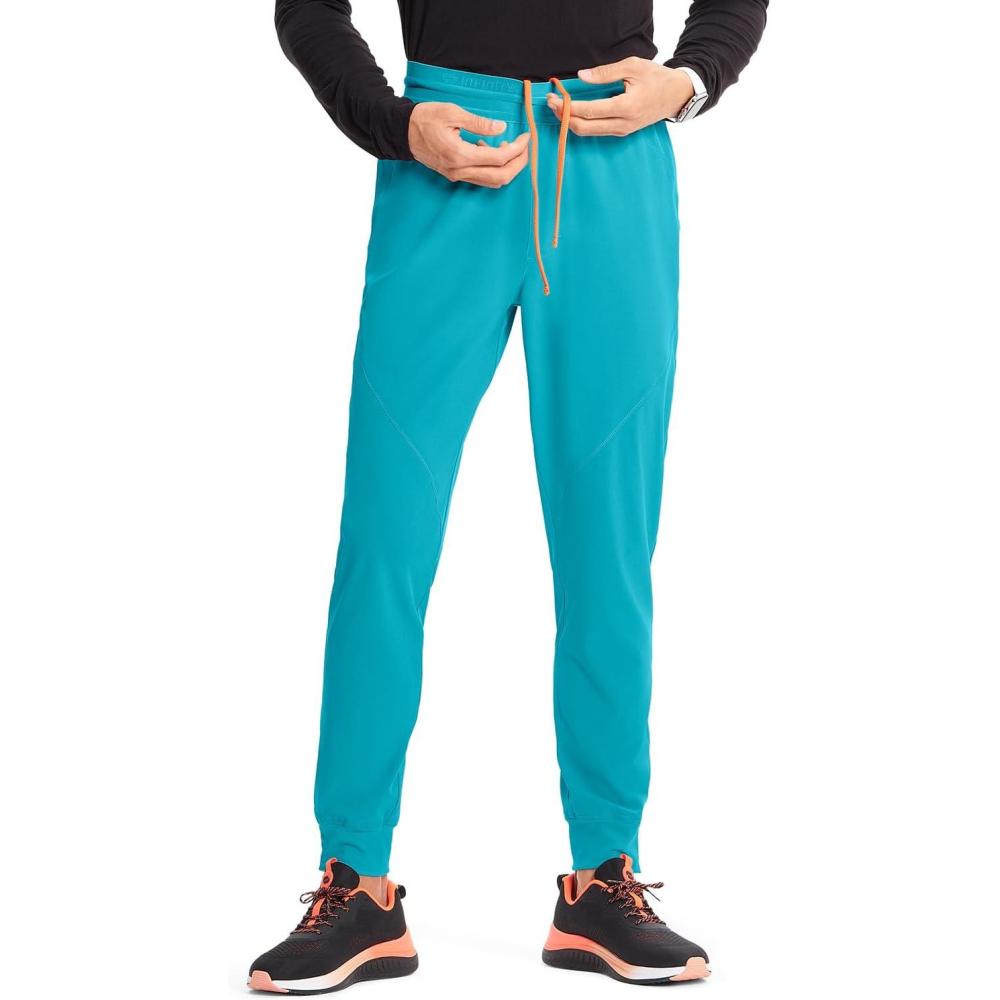 imageCherokee Infinity Mens Mid Rise Jogger Scrub Pants Drawstring Waist 4 Pockets Zip Cargo Pocket RibKnit Cuffs IN204AAquaturque