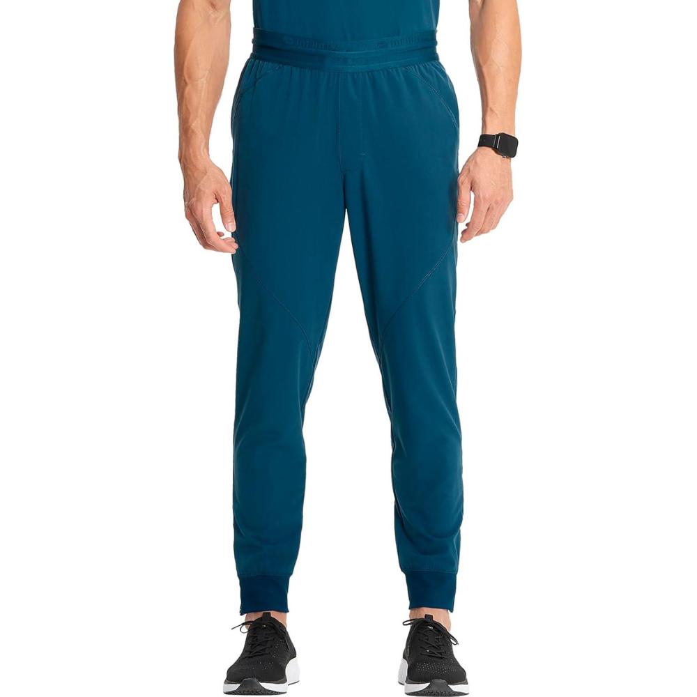 imageCherokee Infinity Mens Mid Rise Jogger Scrub Pants Drawstring Waist 4 Pockets Zip Cargo Pocket RibKnit Cuffs IN204ACaribbean Blue