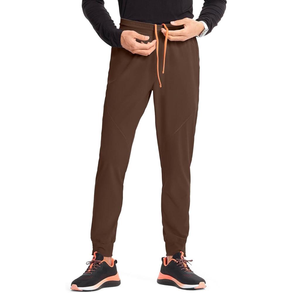 imageCherokee Infinity Mens Mid Rise Jogger Scrub Pants Drawstring Waist 4 Pockets Zip Cargo Pocket RibKnit Cuffs IN204AEspresso Express