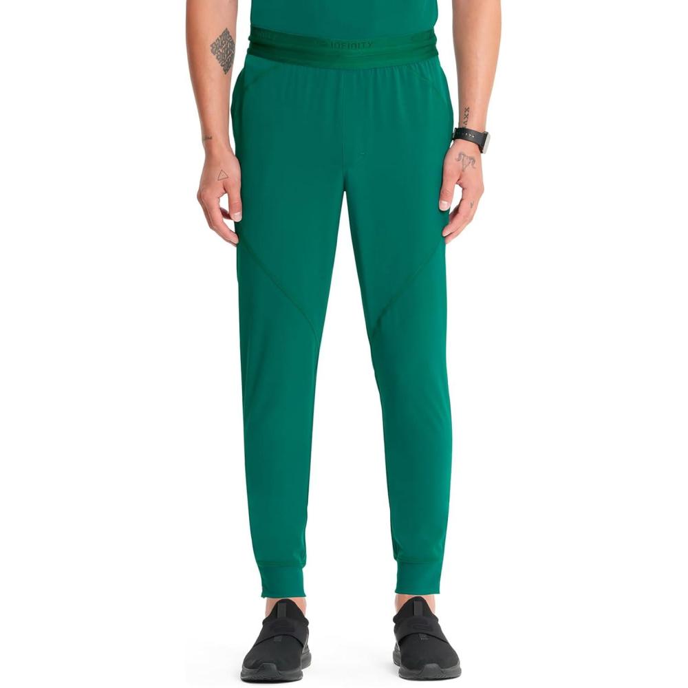 imageCherokee Infinity Mens Mid Rise Jogger Scrub Pants Drawstring Waist 4 Pockets Zip Cargo Pocket RibKnit Cuffs IN204AHunter