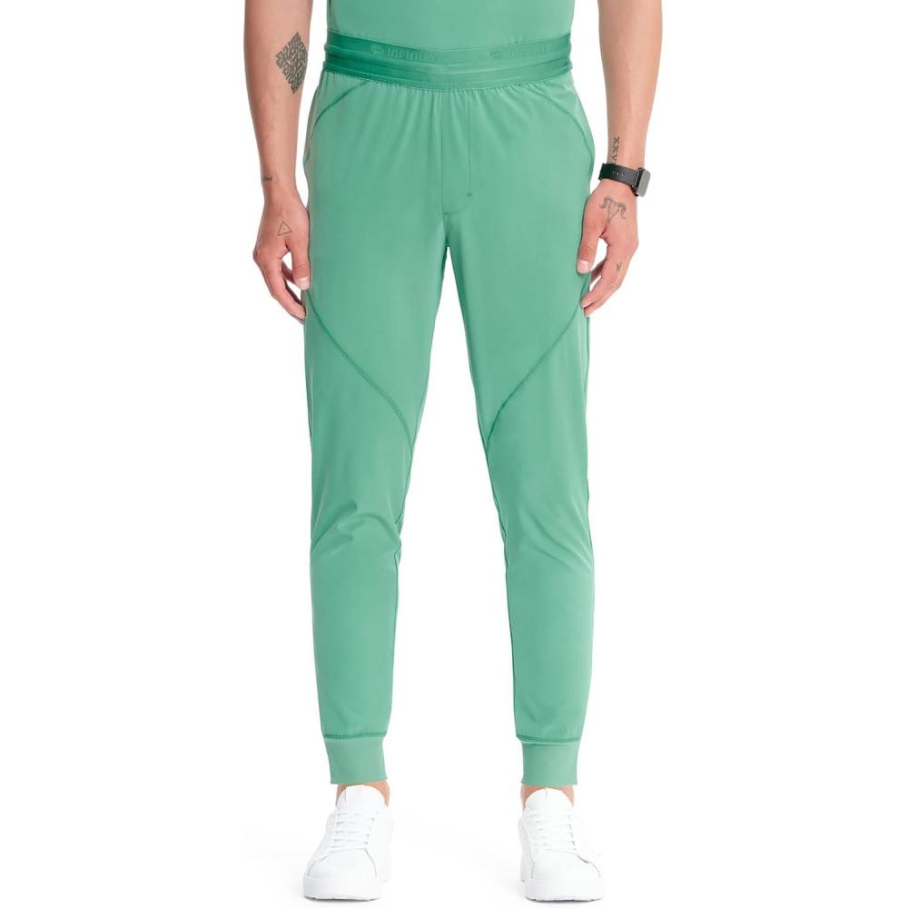 imageCherokee Infinity Mens Mid Rise Jogger Scrub Pants Drawstring Waist 4 Pockets Zip Cargo Pocket RibKnit Cuffs IN204AMatcha Latte