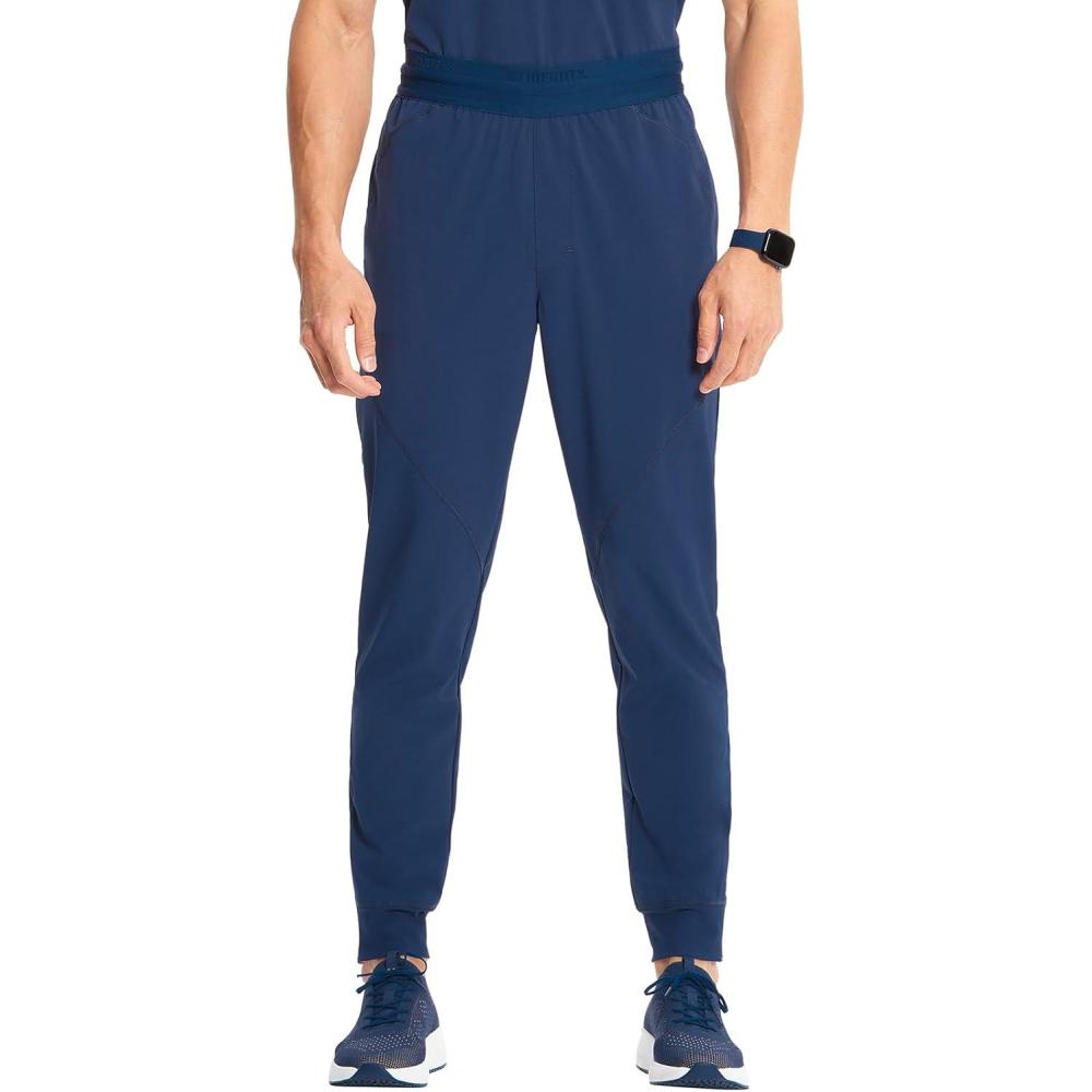 imageCherokee Infinity Mens Mid Rise Jogger Scrub Pants Drawstring Waist 4 Pockets Zip Cargo Pocket RibKnit Cuffs IN204ANavy