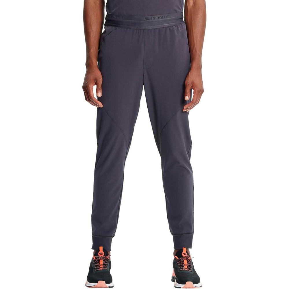imageCherokee Infinity Mens Mid Rise Jogger Scrub Pants Drawstring Waist 4 Pockets Zip Cargo Pocket RibKnit Cuffs IN204APewter