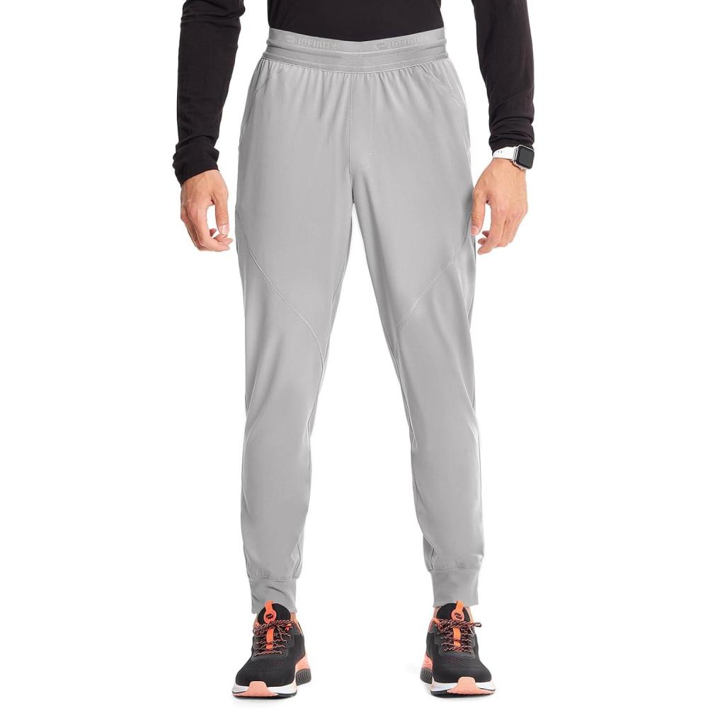 imageCherokee Infinity Mens Mid Rise Jogger Scrub Pants Drawstring Waist 4 Pockets Zip Cargo Pocket RibKnit Cuffs IN204AVapor