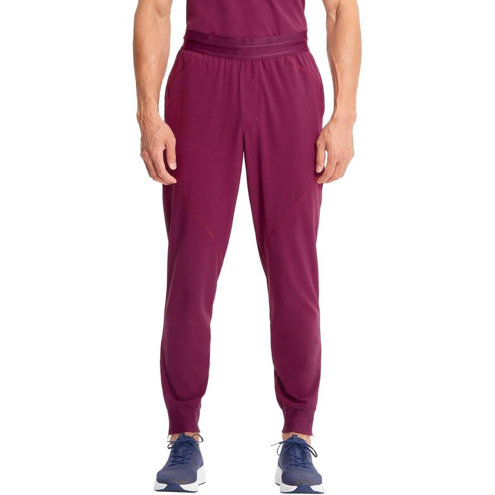 imageCherokee Infinity Mens Mid Rise Jogger Scrub Pants Drawstring Waist 4 Pockets Zip Cargo Pocket RibKnit Cuffs IN204AWine