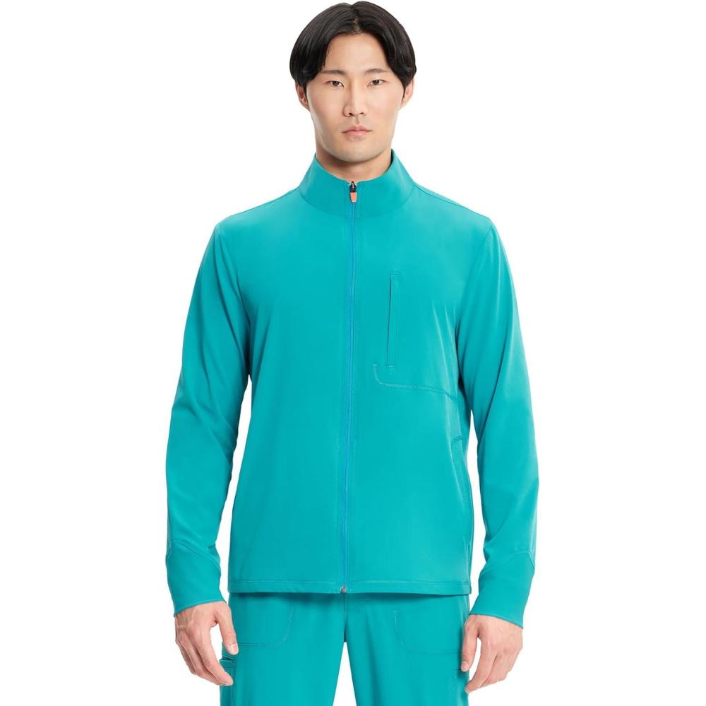 imageCherokee Infinity Mens Zip Front Scrub Jacket RibKnit Collar 3 Pockets Zipper Chest Pocket IN350ATeal Blue