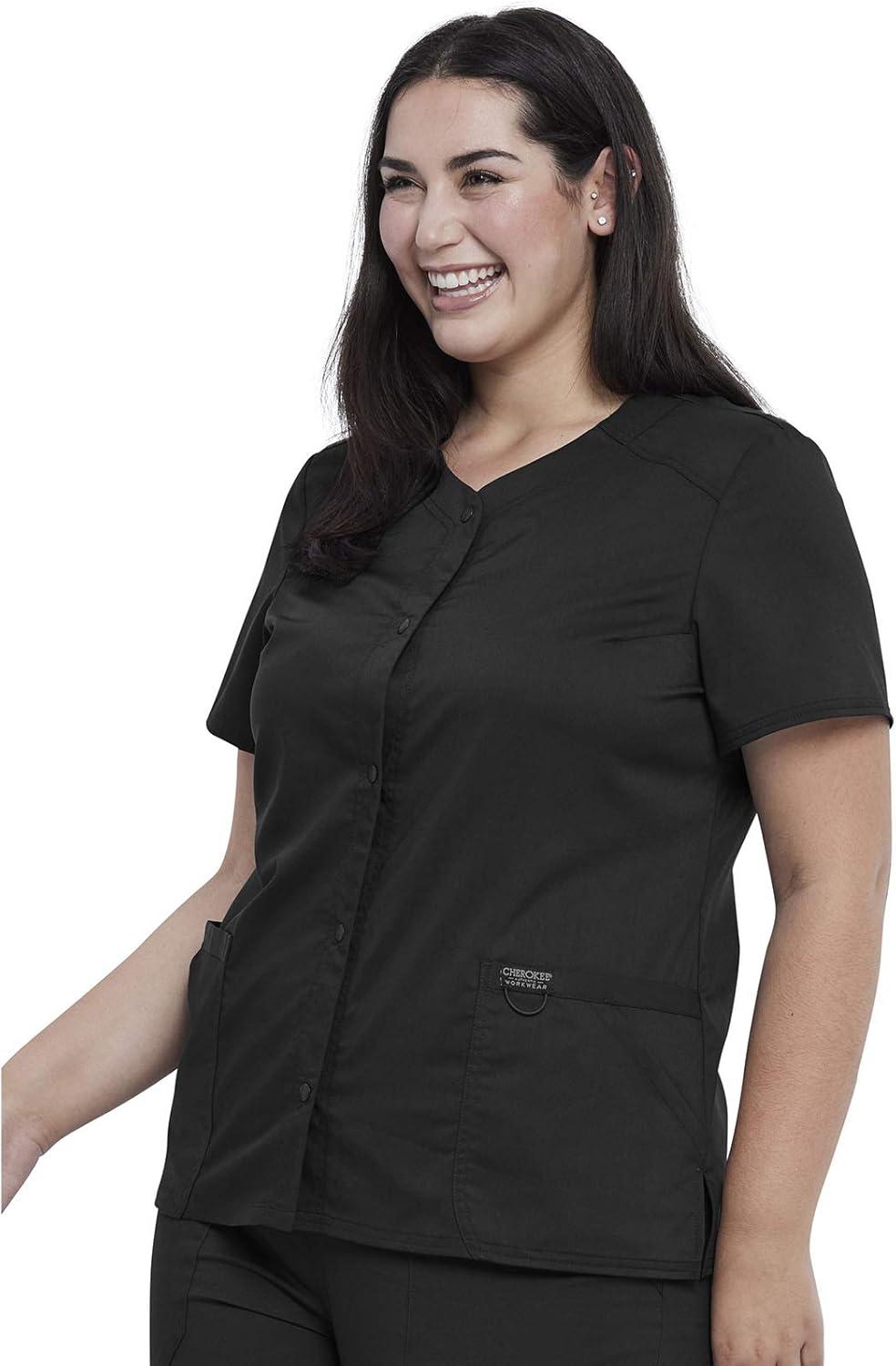 imageCherokee Scrub Set For Women VNeck Top with Snap Front WW622 amp Mid Rise Tapered Leg Drawstring Pant WW105Black