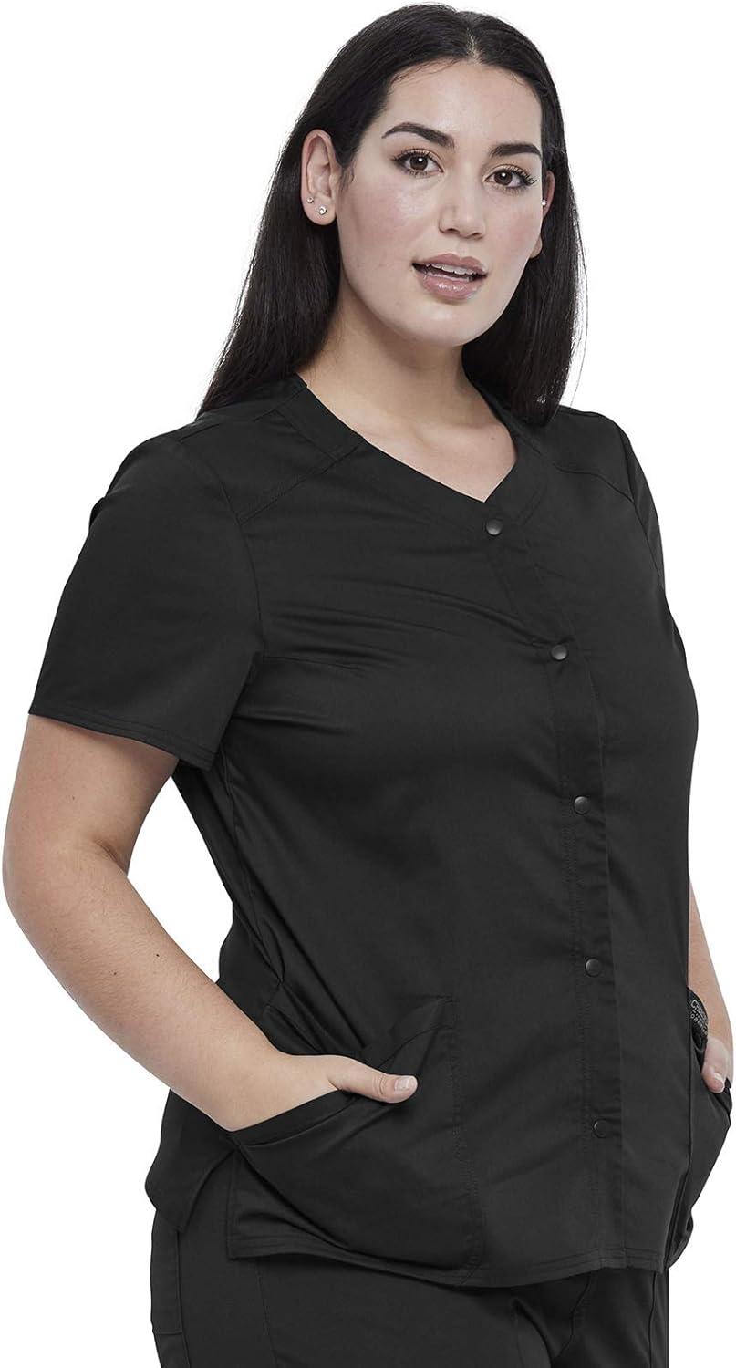 imageCherokee Scrub Set For Women VNeck Top with Snap Front WW622 amp Mid Rise Tapered Leg Drawstring Pant WW105Black
