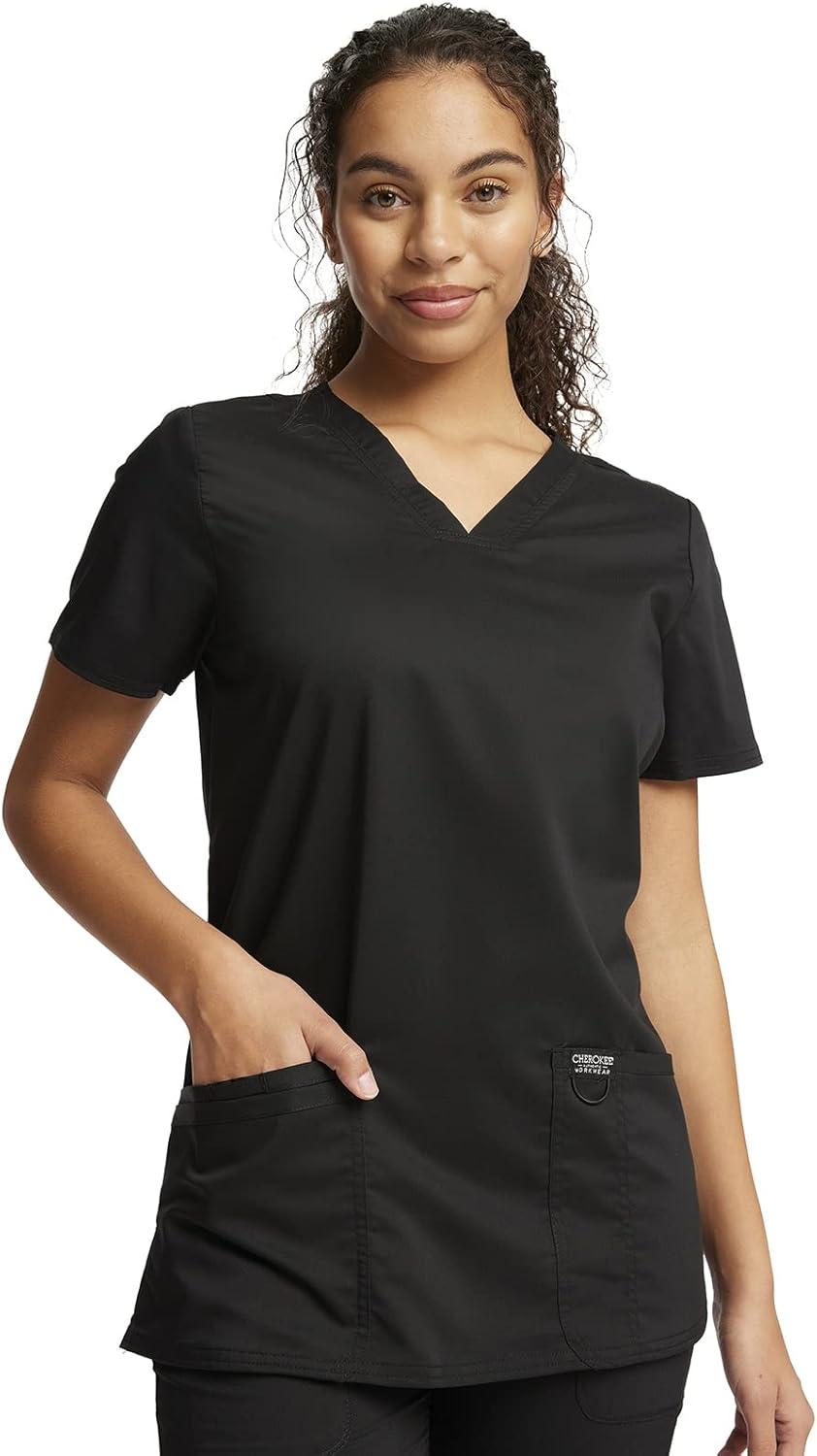 imageCherokee Scrub Set for Women VNeck Top amp Drawstring Flare Leg Pant Soft 2Way Stretch Easy Care Medical Uniform CK00041CBlack