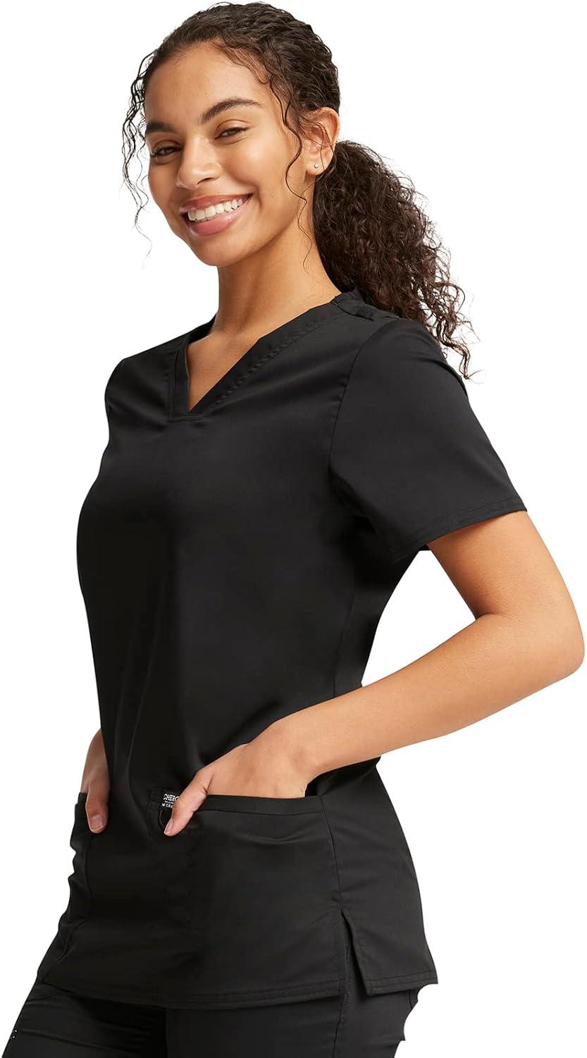 imageCherokee Scrub Set for Women VNeck Top amp Drawstring Flare Leg Pant Soft 2Way Stretch Easy Care Medical Uniform CK00041CBlack