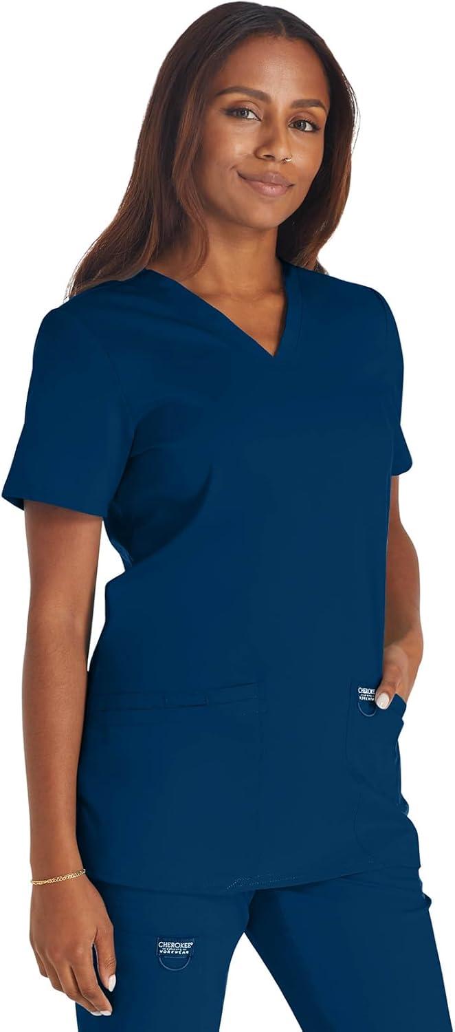 imageCherokee Scrub Set for Women VNeck Top amp Drawstring Flare Leg Pant Soft 2Way Stretch Easy Care Medical Uniform CK00041CNavy