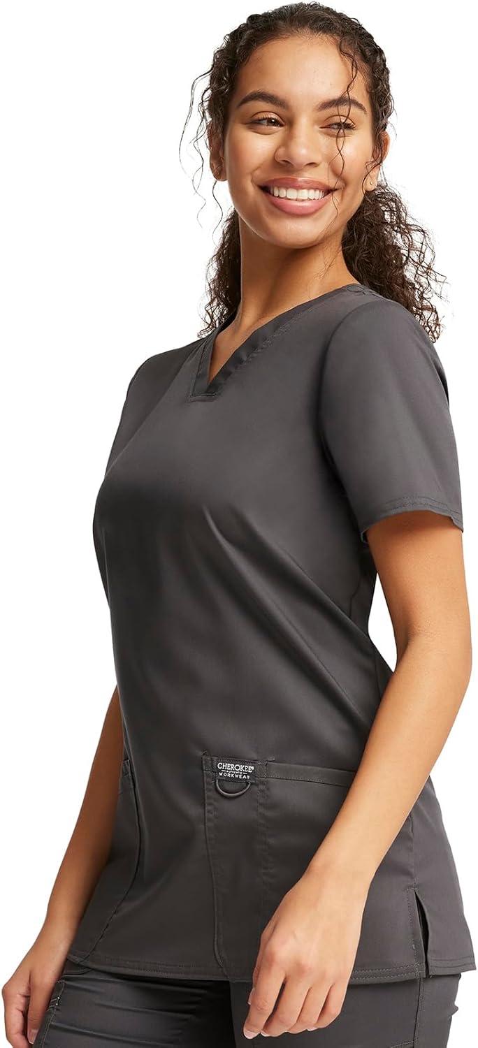 imageCherokee Scrub Set for Women VNeck Top amp Drawstring Flare Leg Pant Soft 2Way Stretch Easy Care Medical Uniform CK00041CPewter