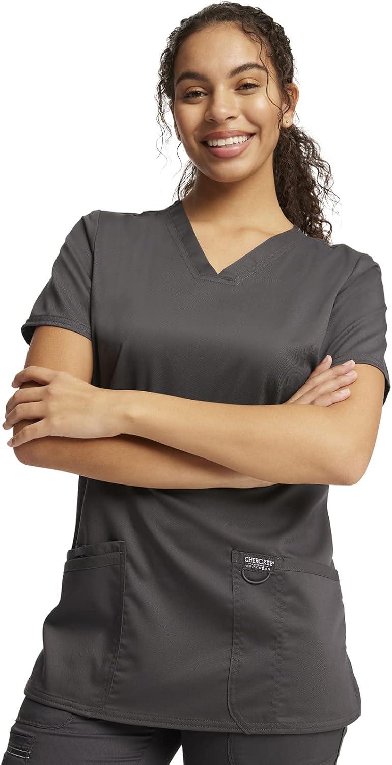 imageCherokee Scrub Set for Women VNeck Top amp Drawstring Flare Leg Pant Soft 2Way Stretch Easy Care Medical Uniform CK00041CPewter
