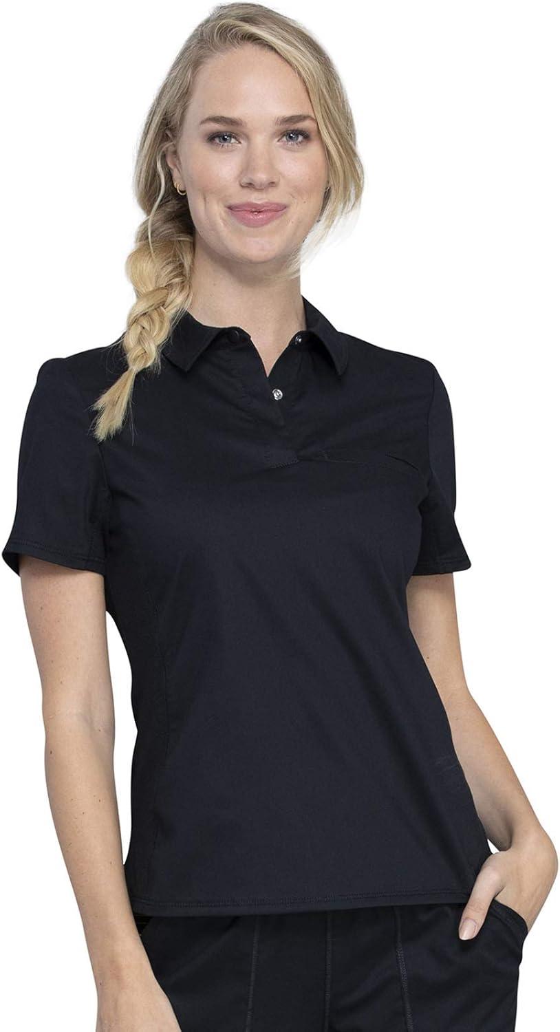 imageCherokee Women Scrub Set Tuckable Snap Front Polo Shirt WW698 With Modern Classic fit Mid Rise Waist Scrub Jogger Pant WW115Black