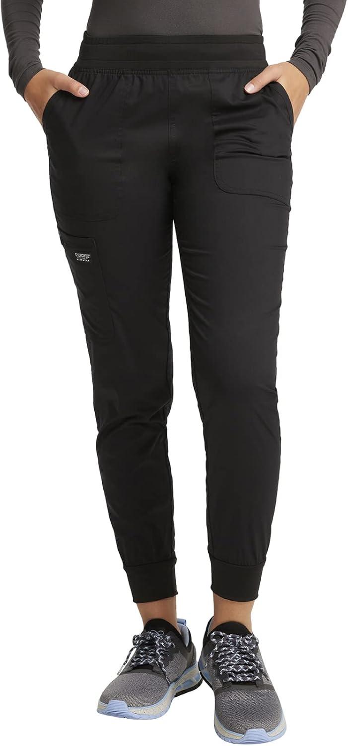 imageCherokee Women Scrub Set Tuckable Snap Front Polo Shirt WW698 With Modern Classic fit Mid Rise Waist Scrub Jogger Pant WW115Black
