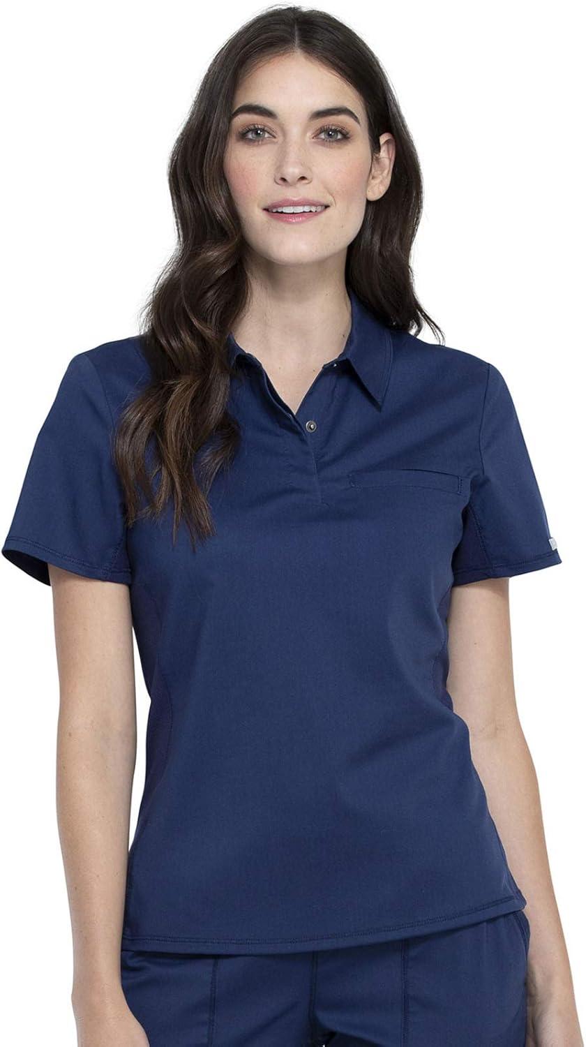 imageCherokee Women Scrub Set Tuckable Snap Front Polo Shirt WW698 With Modern Classic fit Mid Rise Waist Scrub Jogger Pant WW115Navy