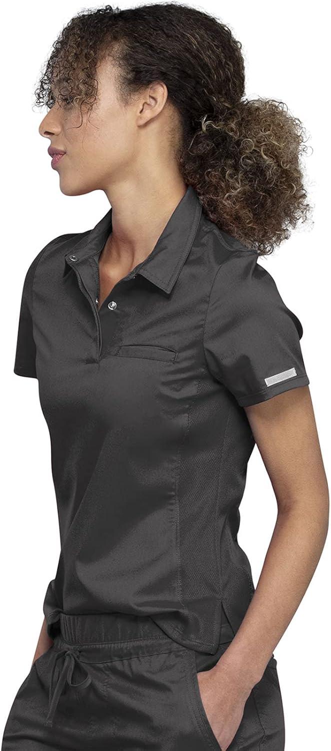 imageCherokee Women Scrub Set Tuckable Snap Front Polo Shirt WW698 With Modern Classic fit Mid Rise Waist Scrub Jogger Pant WW115Pewter
