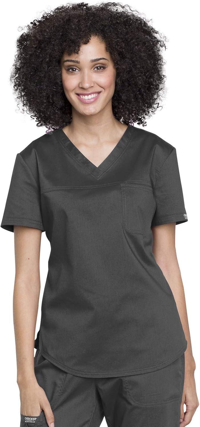 imageCherokee Womens Scrub Set Tuckable VNeck Top WW657 Mid Rise Jogger Pants WW115Pewter