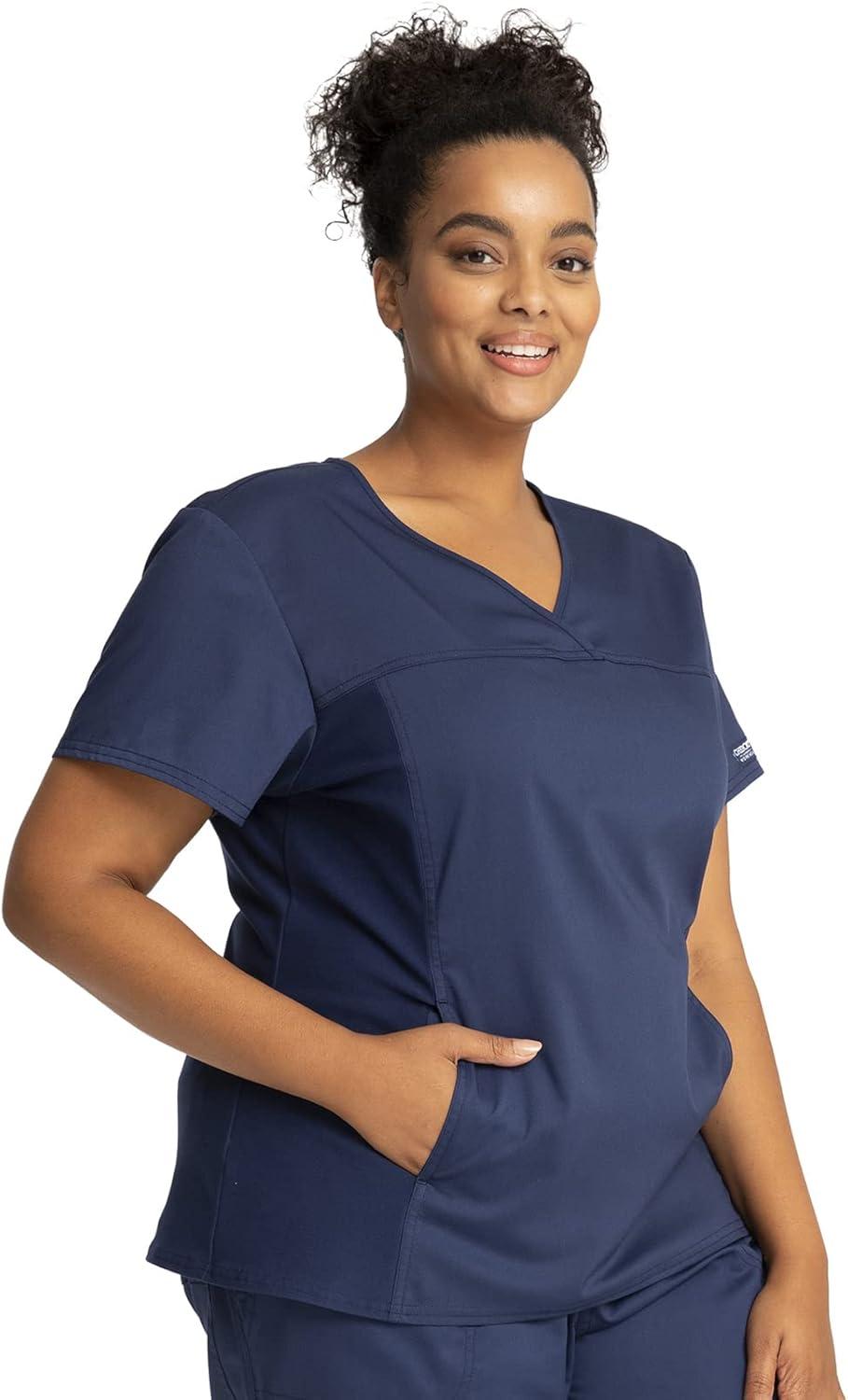 imageCherokee Womens Scrub Top VNeck Knit Panel Top WW2875 with Natural Rise Scrub Jogger Pant with Elasticized Waistband WW115Navy