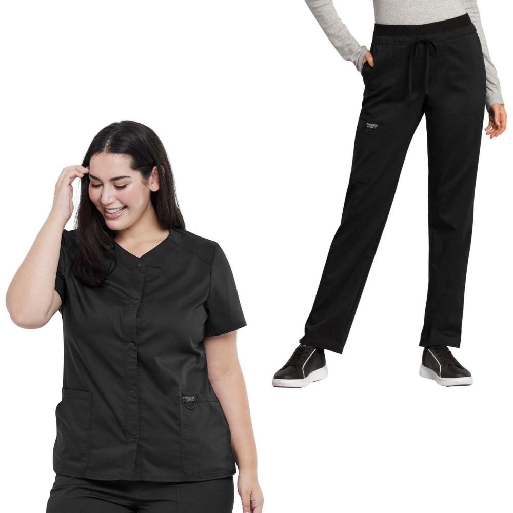 imageCherokee Scrub Set For Women VNeck Top with Snap Front WW622 amp Mid Rise Tapered Leg Drawstring Pant WW105Black