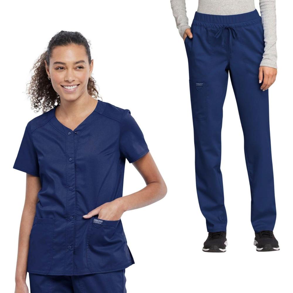 imageCherokee Scrub Set For Women VNeck Top with Snap Front WW622 amp Mid Rise Tapered Leg Drawstring Pant WW105Navy