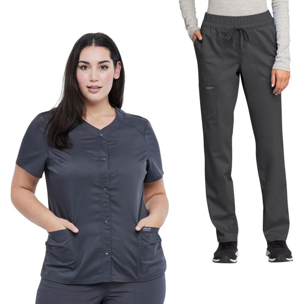 imageCherokee Scrub Set For Women VNeck Top with Snap Front WW622 amp Mid Rise Tapered Leg Drawstring Pant WW105Pewter